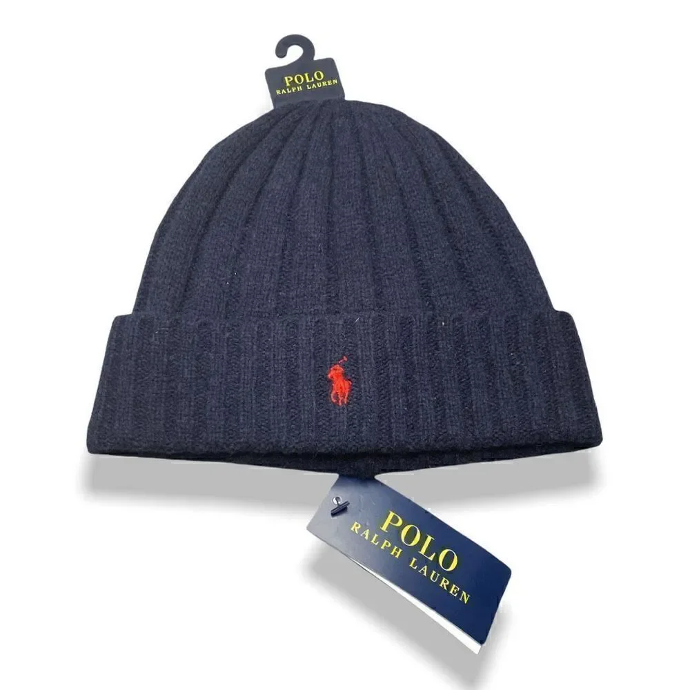 Polo Ralph Lauren Mens Signature Wool Cuffed Beanie Blue Red One Size (b) New
